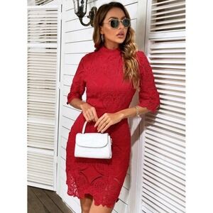 EillyBazar Red Lace Mock Neck 3/4 Sleeve Sheath Dress Women's Size M